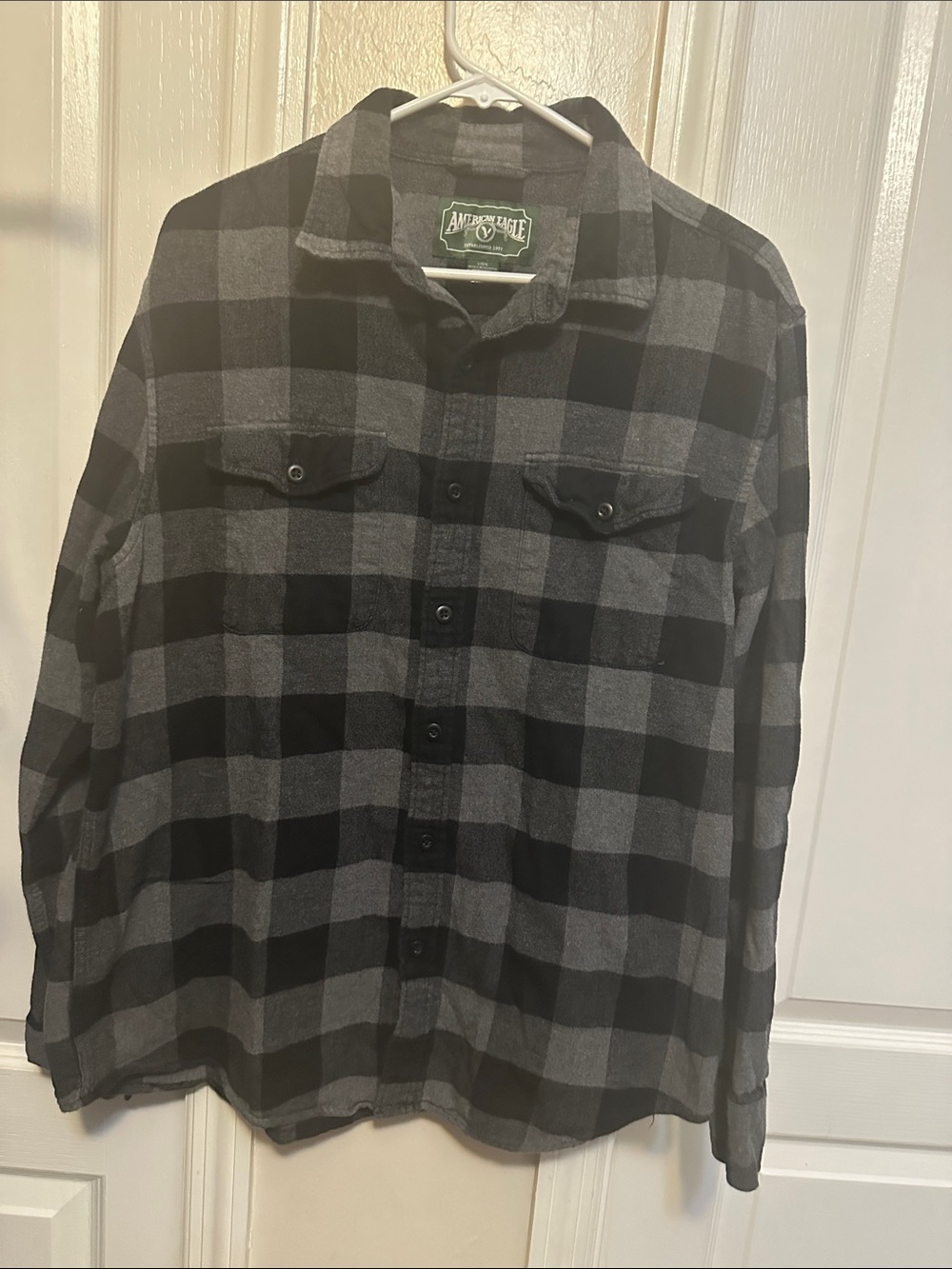 American Eagle Outfitters Black and Gray Plaid Button-Down Shirt